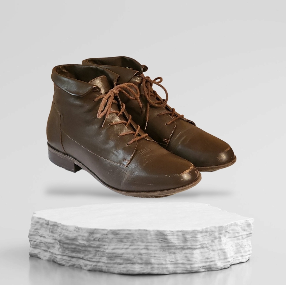 Women Vintage Leather Brown Ankle Boots Size 7.5M/Women Lace Up Granny Boots